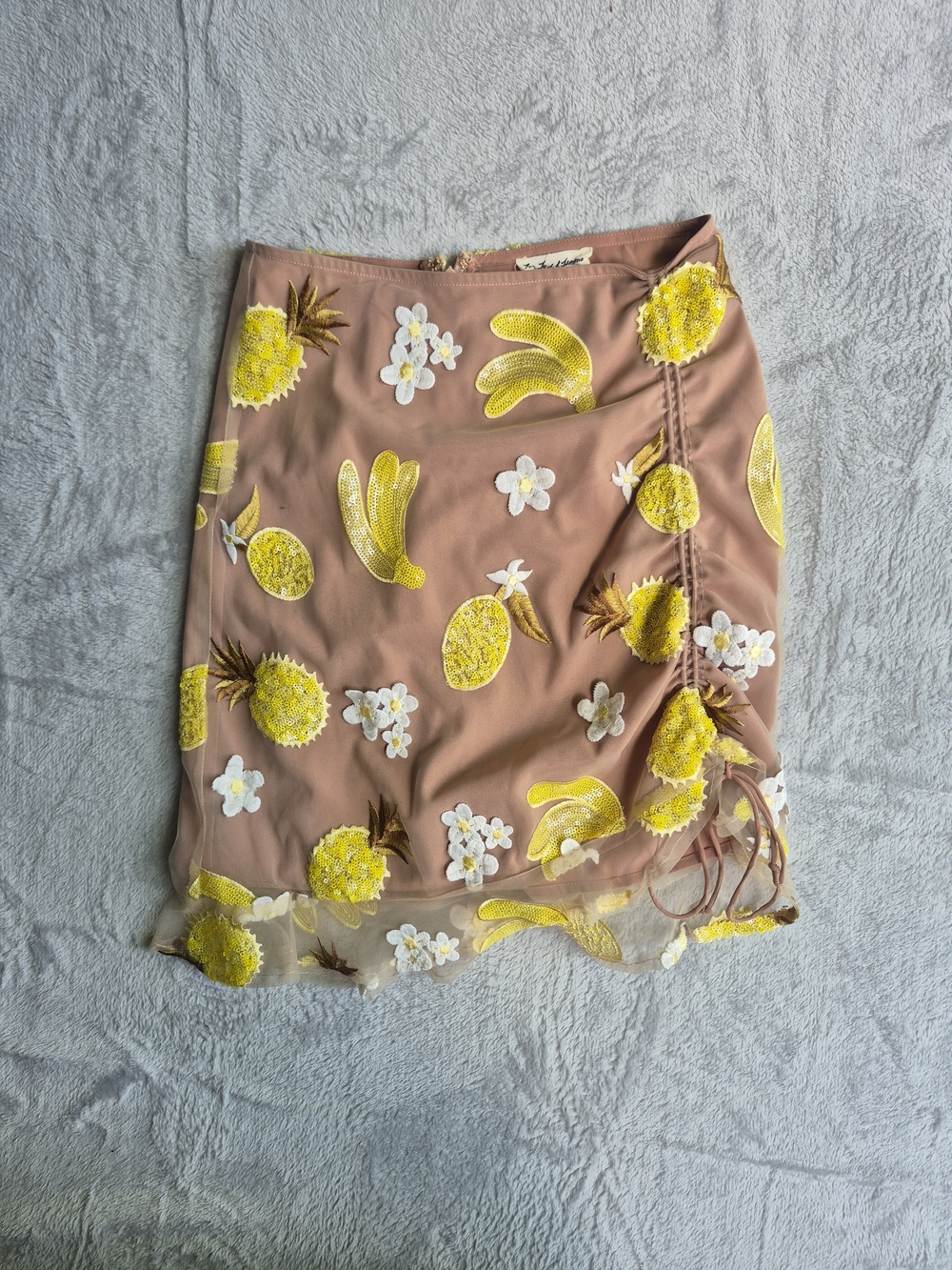 For Love & Lemons Embellished Pink Mini Skirt with Yellow Fruit Motif